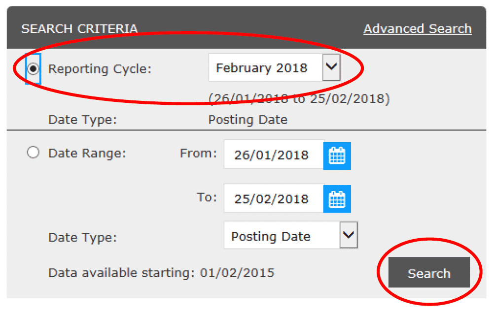 user role – Financial – Account Summary – Search Criteria – search Reporting Cycle.