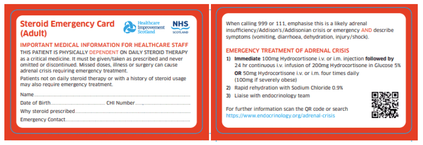 A close-up of the steroid emergency card