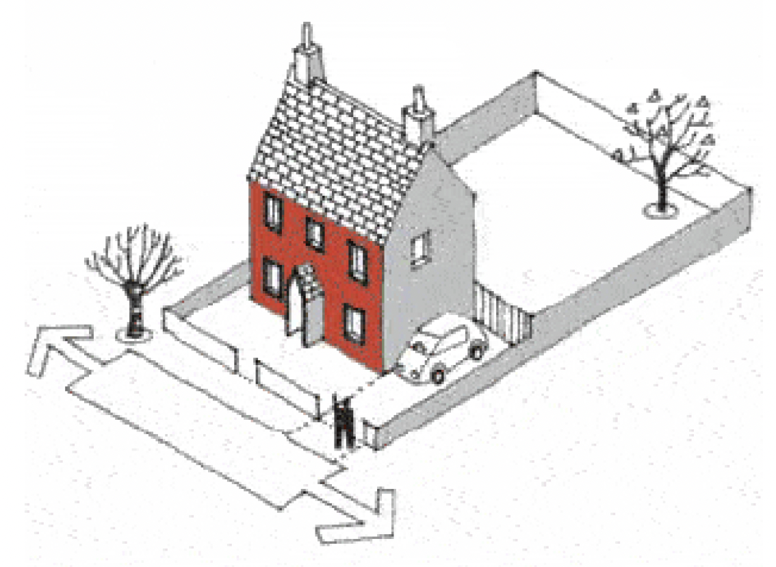 Figure 1 - shows the principal elevation of house that fronts a road, with car parked at the side elevation.
