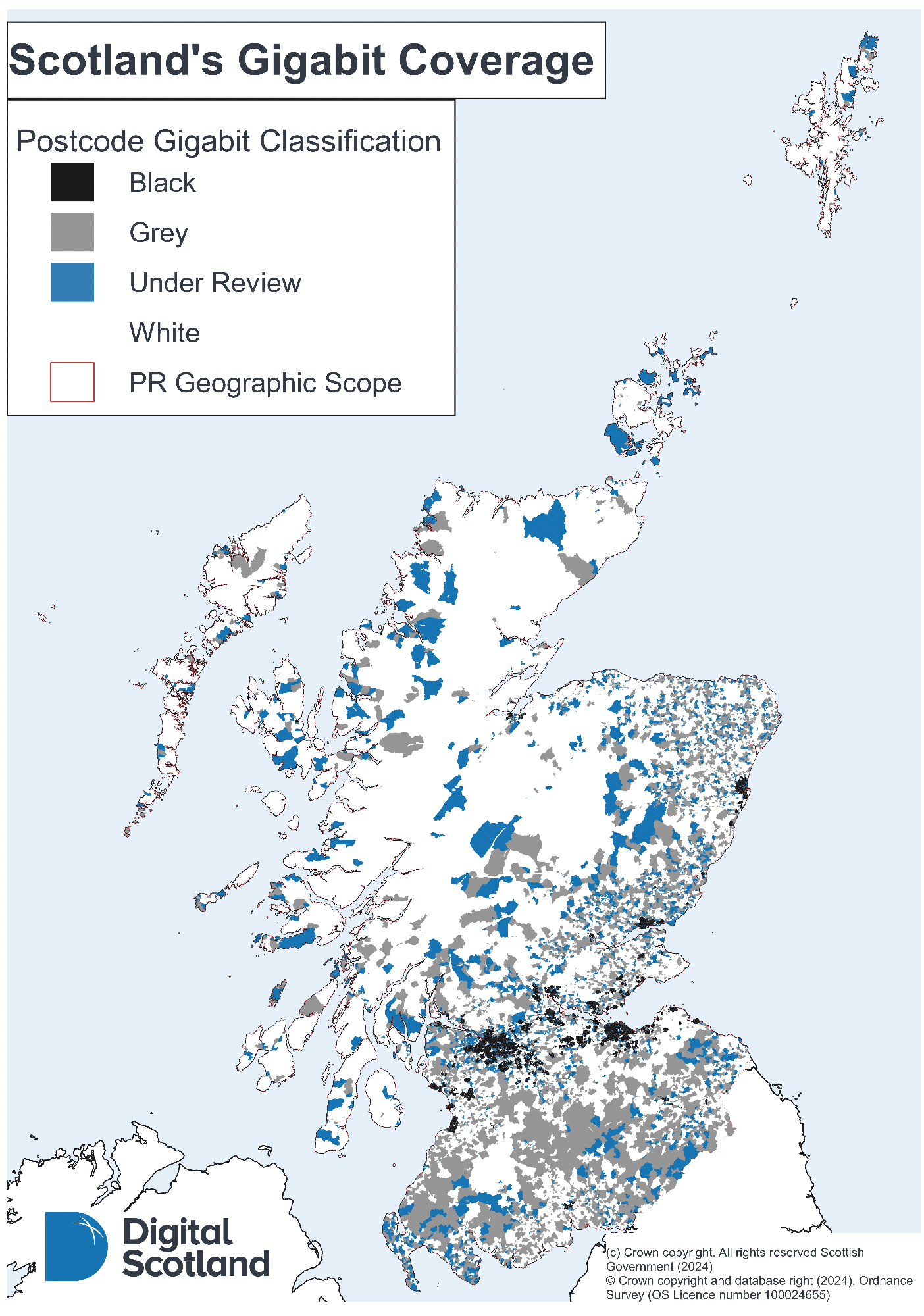 A map of Scotland showing gigabit classifications at postcode level.
