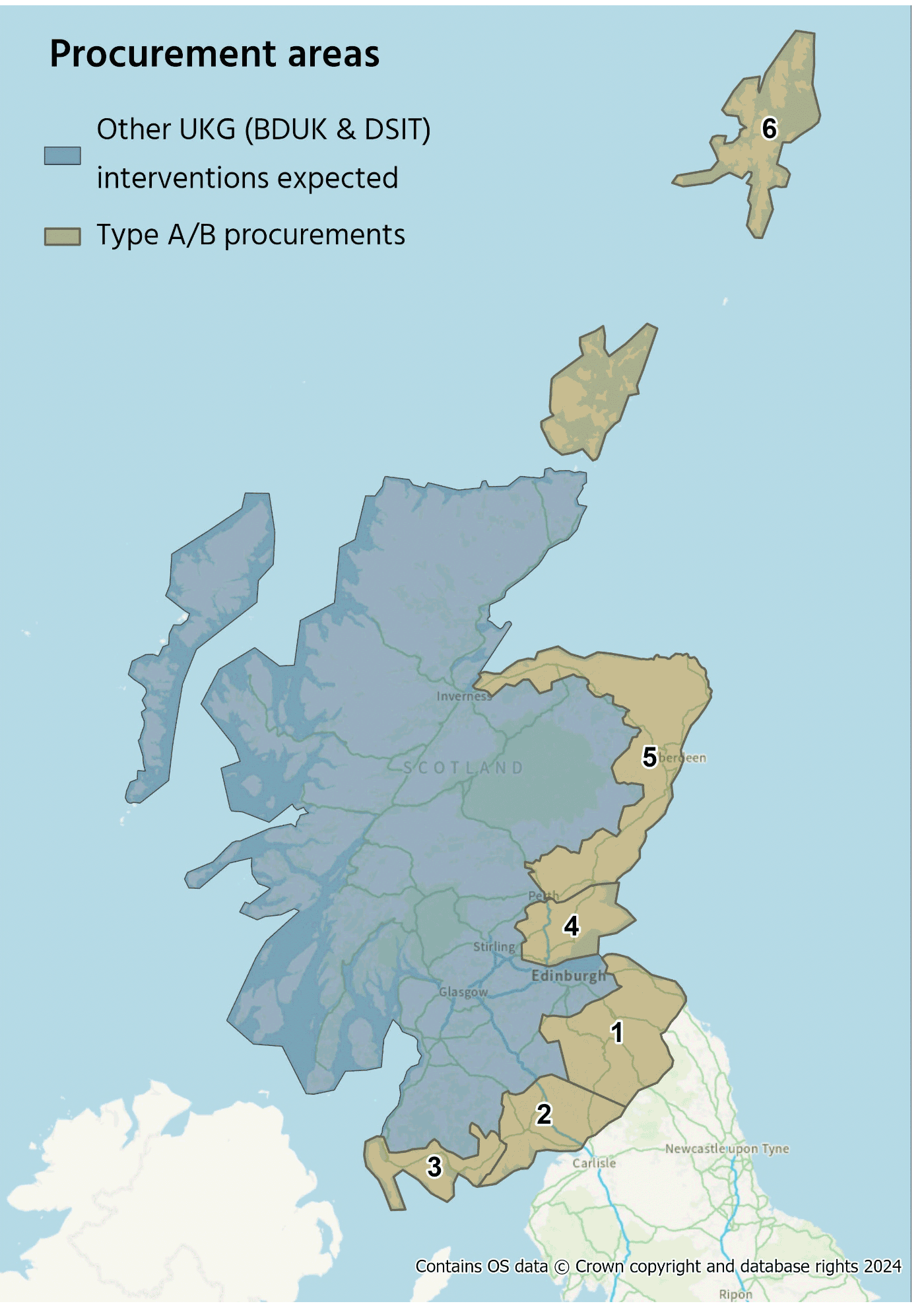 A map of Scotland showing the geographic boundaries of potential Gigabit procurement areas.