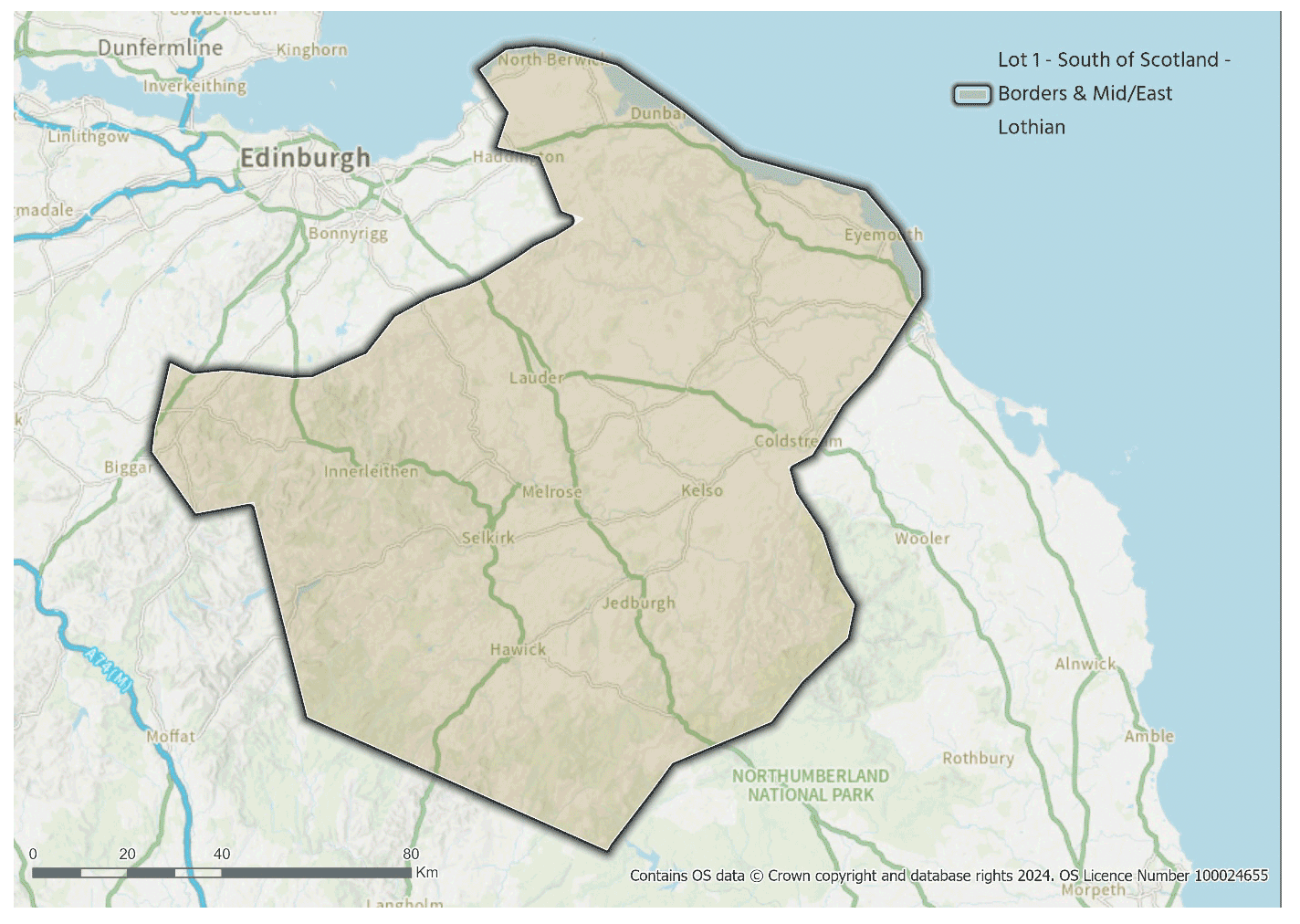 A map showing the Lot 1 procurement area covering Scottish Borders and parts of East Lothian, Midlothian and South Lanarkshire.