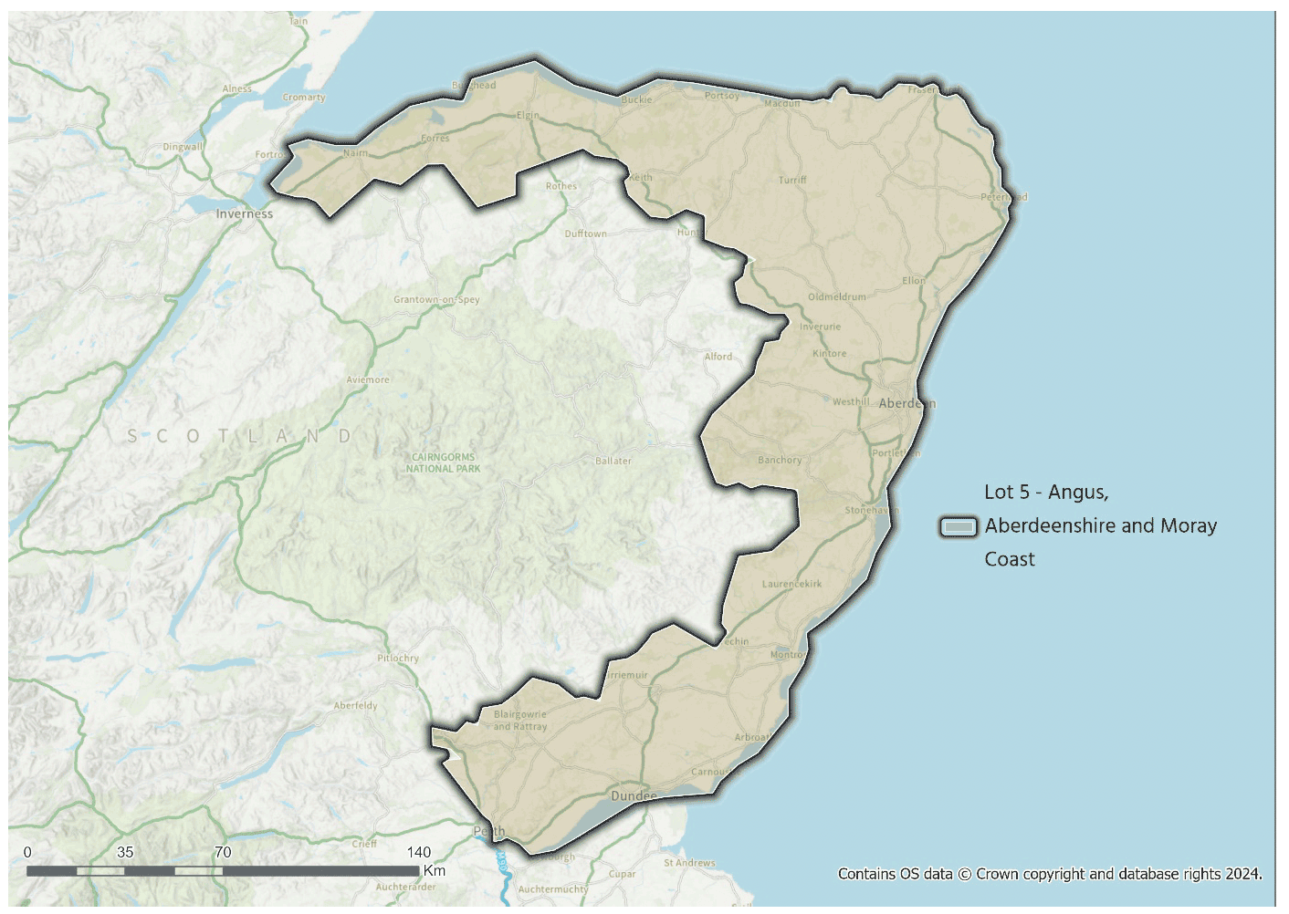 A map showing the Lot 5 procurement area covering parts of Perth and Kinross, Dundee, Angus, Aberdeen City, Aberdeenshire, Moray and Highlands.