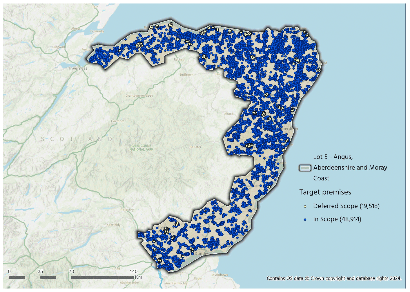 A map showing the Lot 5 boundary with all 48,914 in-scope premises and 19,518 deferred scope premises included. 