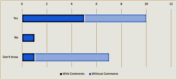 Question 19 bar graph
Image shows a bar graph of responses for question 19 covering Yes, No and Don't Know with 10 for Yes, 1 for No and 7 for Don't Know.
The graph also shows 5 yes responses with comments, 5 yes responses without comments, 1 no response with comments, 1 don't know response with comments and 6 don't know responses without comments.