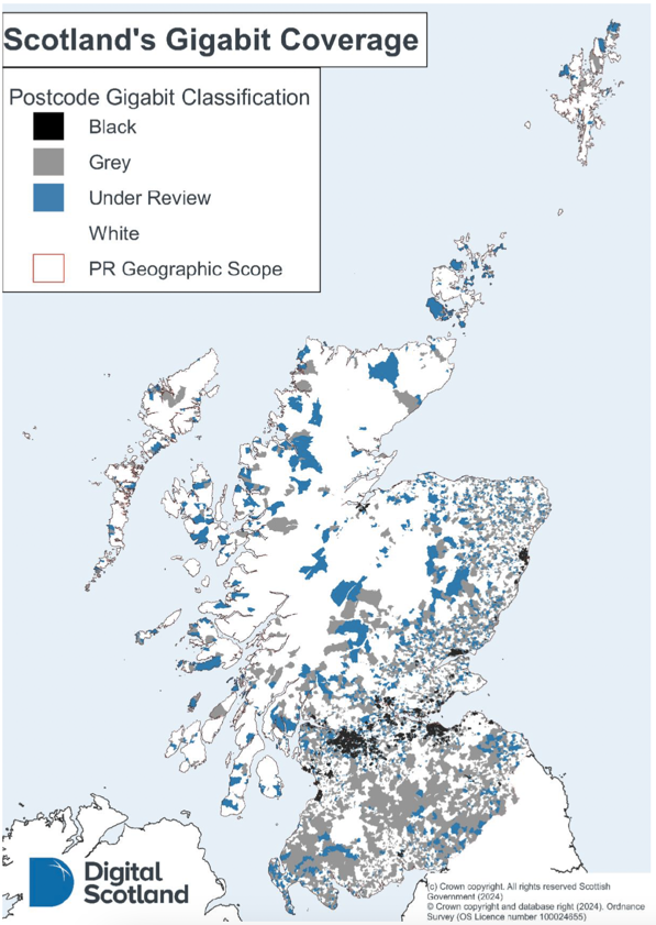 A map of Scotland showing the subsidy control classification by postcode. Classifications are White, Under Review (shown as blue), Grey and Black.