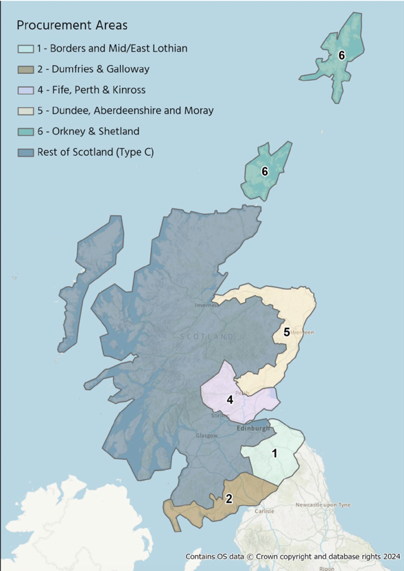 A map of Scotland showing the six geographic procurement areas for project gigabit in Scotland. Each area is shown is a unique colour as well as including the relevant procurement lot number.