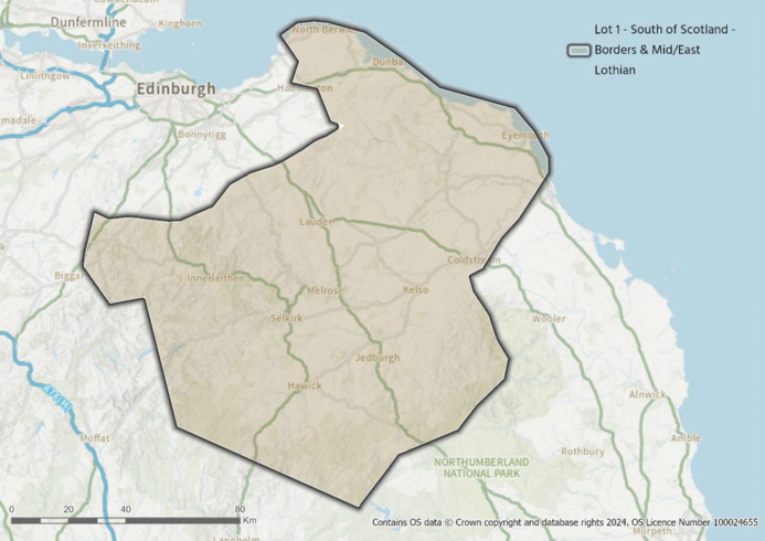 A map showing the Lot 1 procurement area covering Scottish Borders and parts of East Lothian, Midlothian and South Lanarkshire.