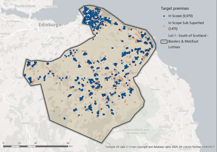 A map showing the Lot 1 boundary with all 11,394 in-scope premises included. These have been split into in-scope and in-scope sub-superfast. 1,415 premises are in-scope sub-superfast, with a further 9,979 in scope. In-scope premises are represented by a solid blue dot, with in-scope sub-superfast premises shown as white dots with a red outline.