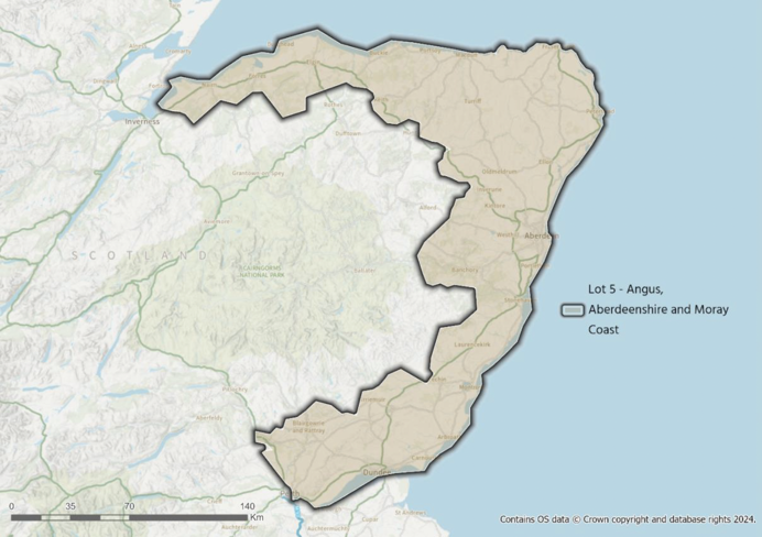 A map showing the Lot 5 procurement area covering parts of Perth and Kinross, Dundee, Angus, Aberdeen City, Aberdeenshire, Moray and Highlands.