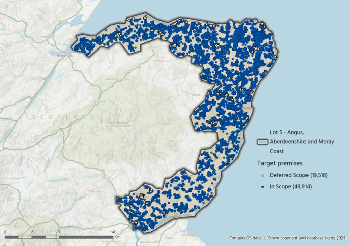 A map showing the Lot 5 boundary with all 48,914 in-scope premises and 19,518 deferred scope premises included.  The in-scope premises are shown as blue dots and the deferred scope as white dots with a black outline.