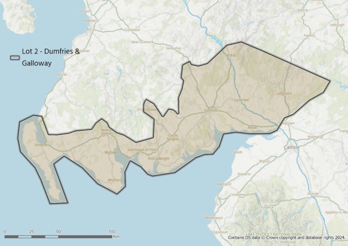 A map showing the geographic boundary of Lot 2 - Dumfries and Galloway south