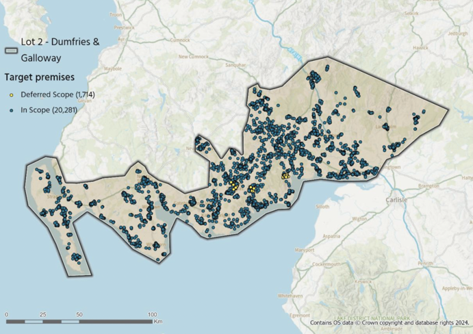 A map showing the geographic boundary of Lot 2 - Dumfries and Galloway south, including the in-scope and deferred scope properties. In-scope premises are shown as blue dots and deferred scope as yellow dots with a black outline.