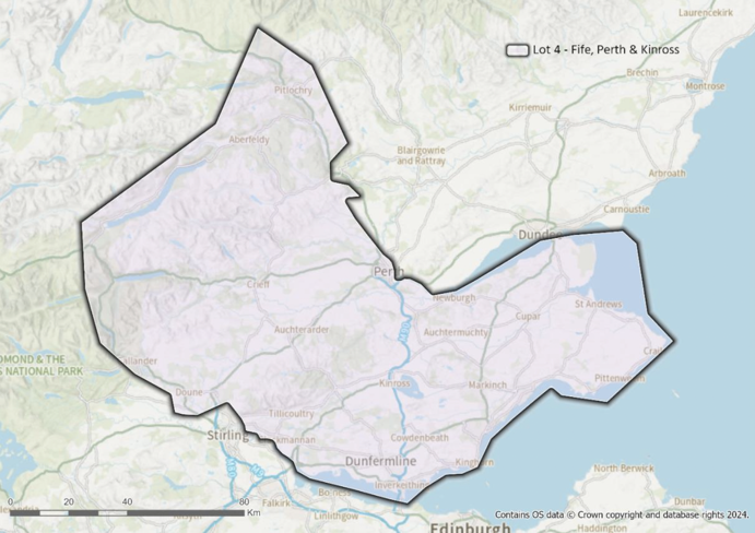 A map showing the geographic boundary of Lot 4 - Fife, Perth and Kinross