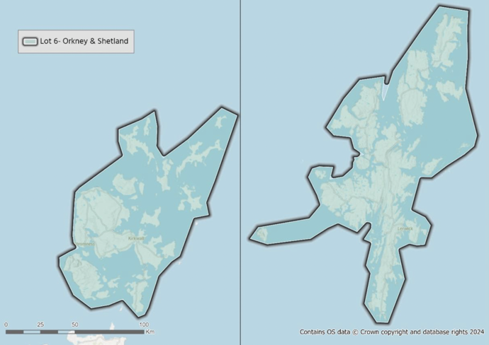 A map showing the geographic boundary of Lot 6 - Orkney and Shetland