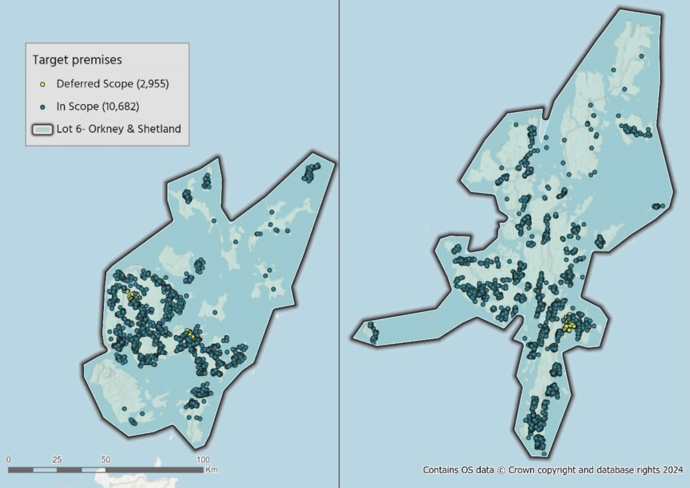 A map showing the geographic boundary of Lot 6 - Orkney and Shetland, including in-scope and deferred scope premises. The in-scope premises are shown as blue dots and the deferred scope premises as yellow dots with a black outline.