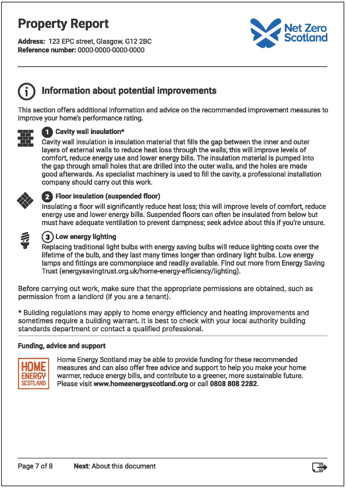 This image is of a page of the property report that will accompany an EPC. It provides further information about suggested improvements.