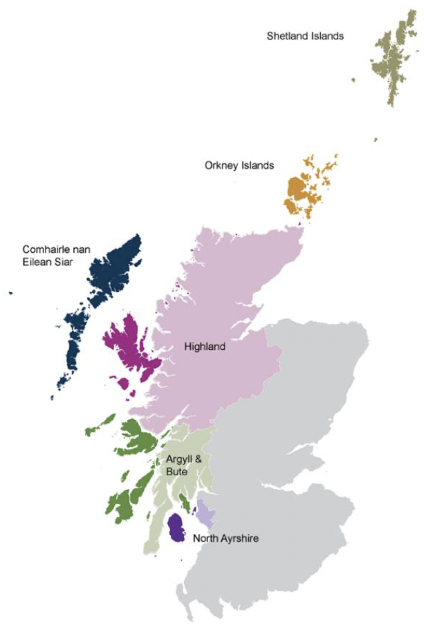 Map of Scotland highlighting the 6 local authorities representing Island Communities - Argyll and Bute Council, Western Isles, Highland Council, North Ayrshire Council, Orkney Islands Council and Shetland Islands Council.