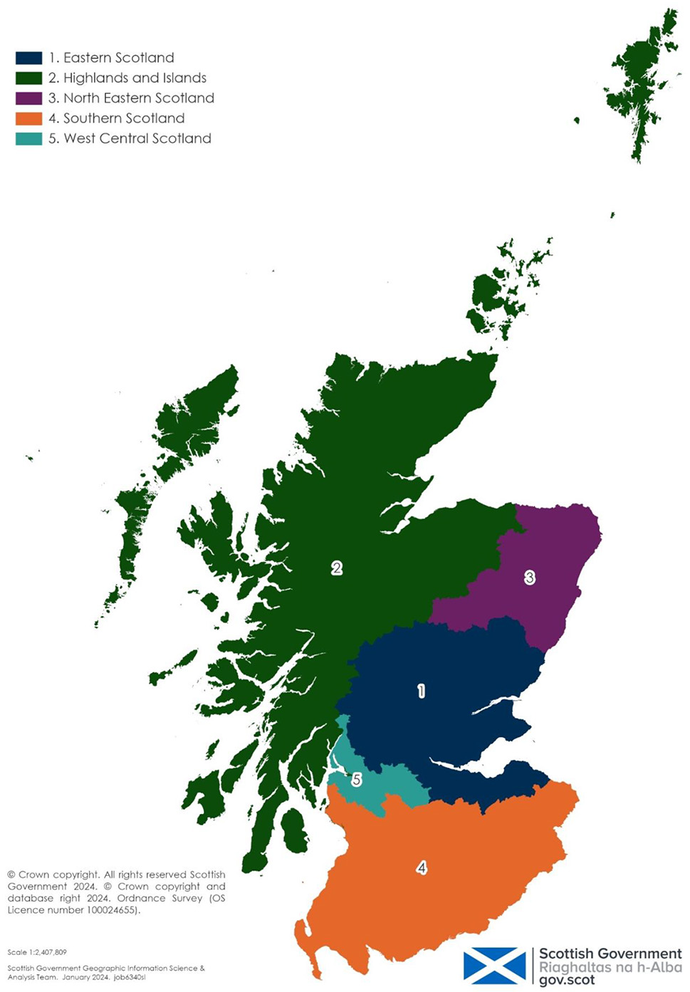 A map of Scotland showing the 5 existing ITL2 regions within Scotland.