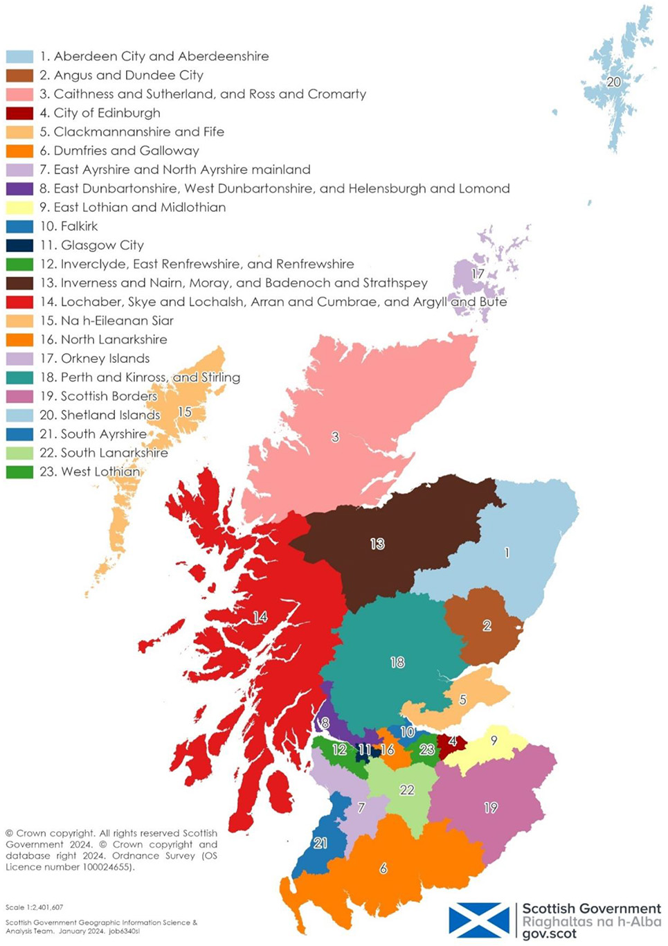 A map of Scotland showing the 23 existing ITL3 regions within Scotland.