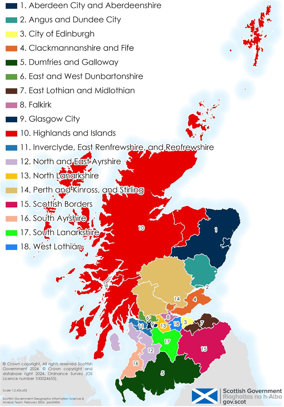 A map of Scotland showing the 18 proposed ITL3 regions.