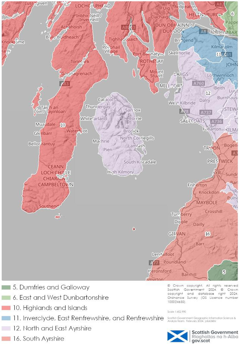 A map focusing on the islands of Arran and Cumbrae showing that these islands will be included in the proposed ‘North and East Ayrshire’ ITL3 region.