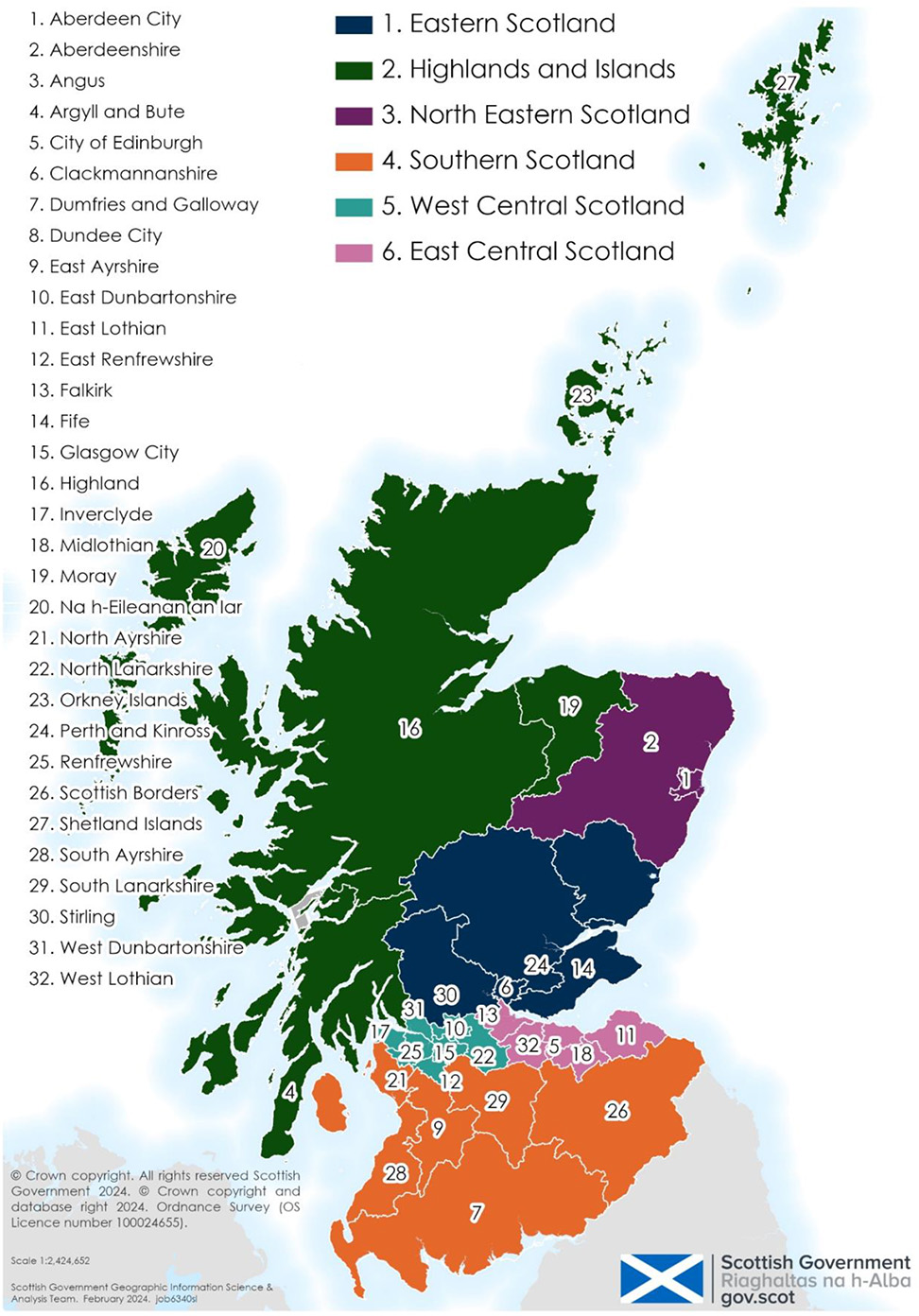 A map of Scotland showing the 6 proposed ITL2 regions.