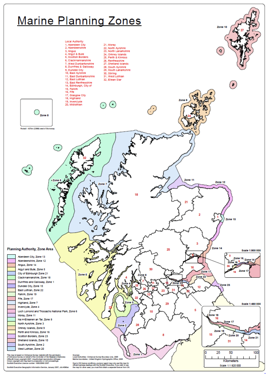 Figure 1 is named ‘Illustrative map of the boundaries of the current marine planning zones (0-3 nautical miles)’ and shows a map of Scotland and its surrounding seas. 
The map shows the boundary lines between each of Scotland’s local authority areas and the boundary lines for the marine planning zones of each coastal local authority.
A fuller text description of this figure is available under Annex A.

