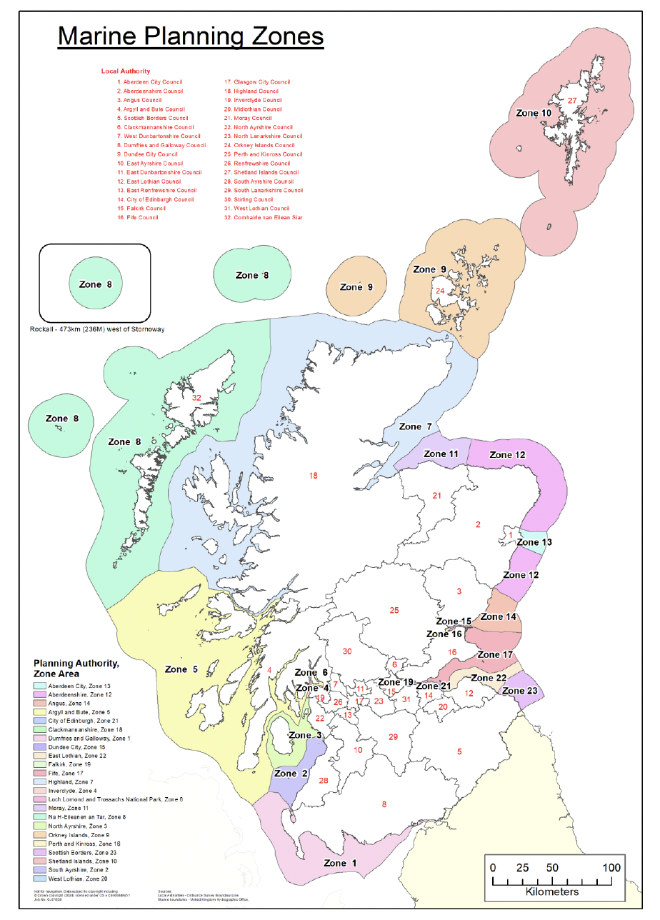 Figure 2 is named ‘Illustrative map of the boundaries of the proposed marine planning zones (0-12 nautical miles)’ and shows a map of Scotland and its surrounding seas. 
The map shows the boundary lines between each of Scotland’s local authority areas and the boundary lines for the proposed marine planning zones of each coastal local authority.
A fuller text description of this figure is available under Annex A.