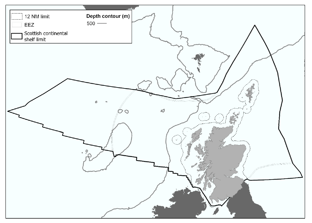  Map of area covered by the Scottish Seabird Conservation Action Plan. This includes Scotland shaded in grey, a dotted line indicating the 12 nautical miles limit of inshore waters, and a bold solid line indicating the Scottish continental shelf limit. 