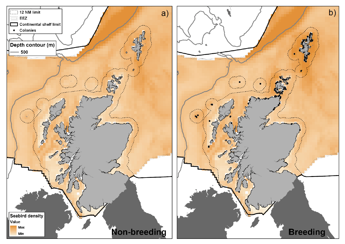 Two maps, side by side and titled A for non-breeding and B for breeding, of Scotland shaded in grey and with a dotted line indicating the 12 nautical miles limit of inshore waters, and a bold solid line indicating the Scottish continental shelf limit. The colour orange has been used to highlight seabird density, with darker orange indicating maximum density and lighter orange indicating minimum density.