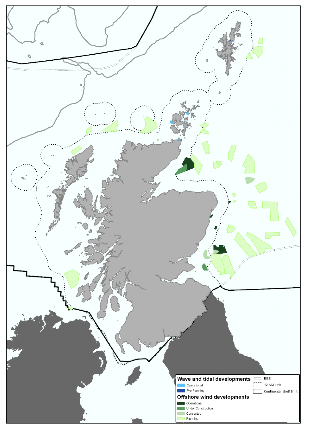 Map of Scotland shaded in grey and with a dotted line indicating the 12 nautical miles limit of inshore waters, and a bold solid line indicating the Scottish continental shelf limit. The colour green has been used to highlight areas of offshore wind developments, with dark green for operational sites, medium green for sites under construction, light green for consented sites and neon green for sites being planned. The colour blue has been used to highlight areas of wave and tidal developments around the islands of Orkney and Shetland, with light blue for operational sites and dark blue for sites in pre-planning stage.