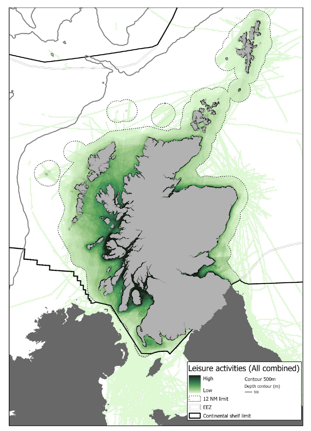 Map of Scotland shaded in grey and with a dotted line indicating the 12 nautical miles limit of inshore waters, and a bold solid line indicating the Scottish continental shelf limit. The colour green has been used to indicate the routes of all combined leisure vessel activities, with darker green indicating higher levels and lighter green indicating lower levels. 