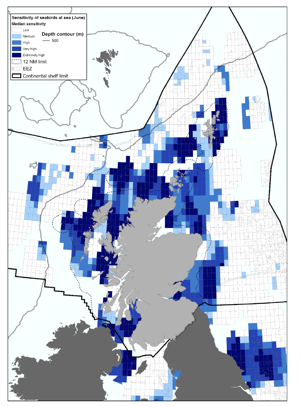 Map of Scotland shaded in grey and with a dotted line indicating the 12 nautical miles limit of inshore waters, and a bold solid line indicating the Scottish continental shelf limit. The colour blue has been used to indicate the median sensitivity of seabirds at sea in June to oil contamination, with very dark blue for extremely high sensitivity, dark blue for very high, medium blue for high, light blue for medium, and white for low sensitivity. 