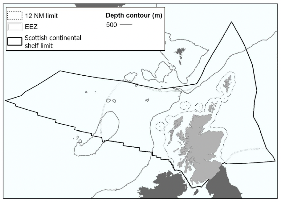 Map of area covered by the Scottish Seabird Conservation Action Plan. This includes Scotland shaded in grey, a dotted line indicating the 12 nautical miles limit of inshore waters, and a bold solid line indicating the Scottish continental shelf limit.