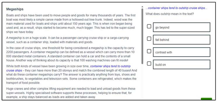 An English example of a P7 Tools for reading item to identify the meaning of a word in context. 