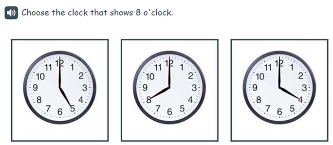 An English example of a potential P1 measurement, time and money item to choose the clock that shows the correct time.
