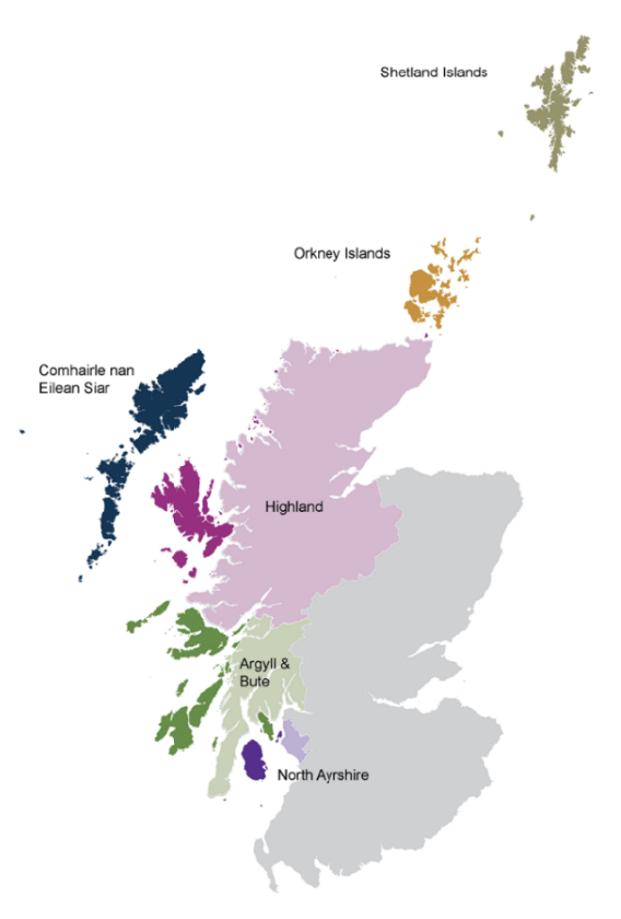 Map of Scotland highlighting the 6 local authorities erpresenting Island Communities - Argyll and Bute Council, Western Isles, Highland Council, North Ayrshire Council, Orkney Islands Council and Shetland Islands Council.