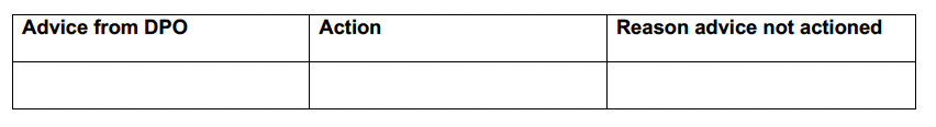 Example table showing collection of Data Protection Office (DPO) advice, any actions required and any reasons the advice is not actioned