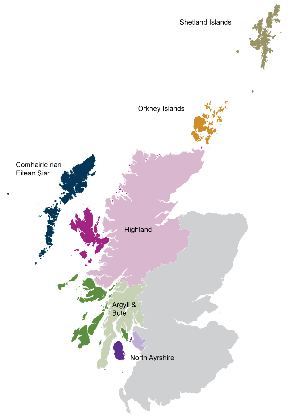 A map highlighting the six local authorities in Scotland which have inhabited islands. Inhabited islands are shown in a dark colour and the mainland of the respective local authorities is shown in a light colour. Local authorities with no inhabited islands are not individually depicted, as the rest of Scotland is shaded grey.