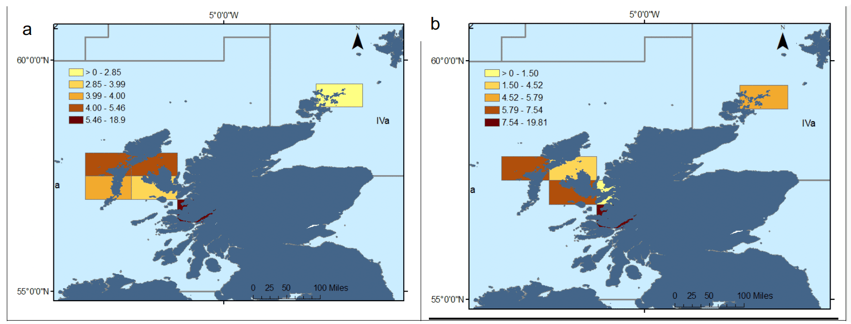 Figure showing two maps (2021 and 2022), with the total landings (in tonnes) by ICES statistical rectangle reported for all wrasse species. The darker colours represent higher values for landings. Most of these landings are located in the West Coast of Scotland for both years and around Orkney Islands. ICES rectangles with landings reported from fewer than 5 vessels to that square are not displayed on the map.