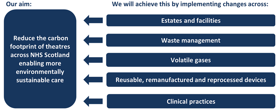 Green Theatres, priority work areas: Estates and Facilities; Waste Management; Volatile Gases; Reusable, Remanufactured and Reprocessed Devices; and Clinical Practices.