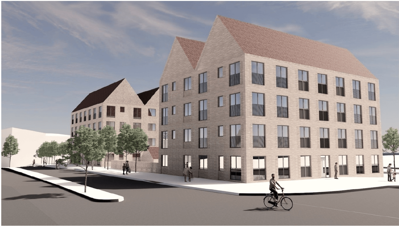 A 3D image simulation of the Lowther Homes affordable housing scheme development plan with predicted look of flatted block and surrounding landscaping.