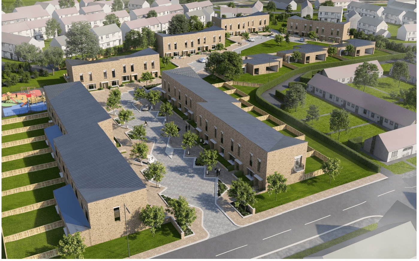 A computer-generated aerial view of the planned Kaimhill Housing development.