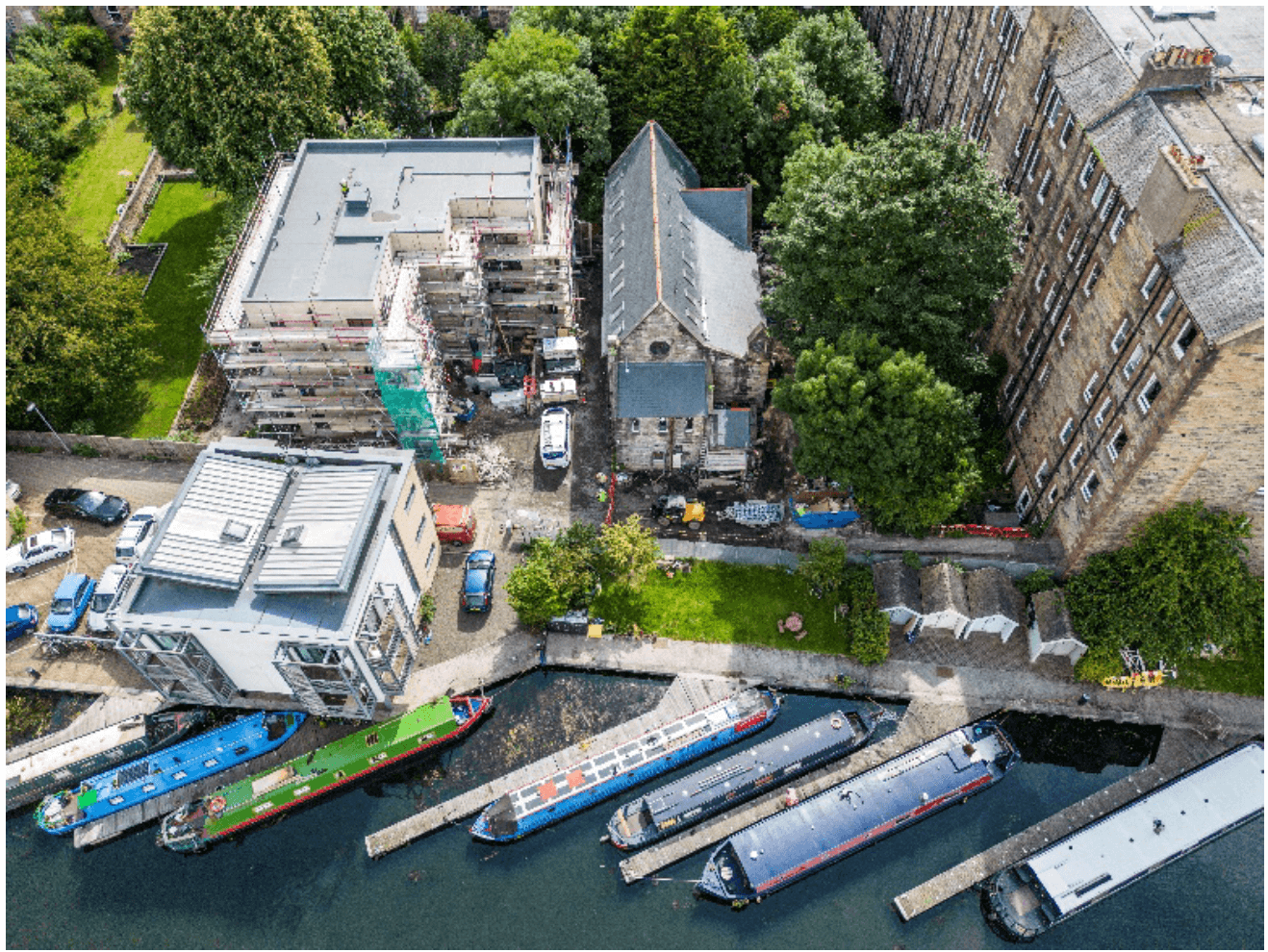 Aerial view of the LAR Housing Trust development in Fountainbridge including new build flats and church conversion.