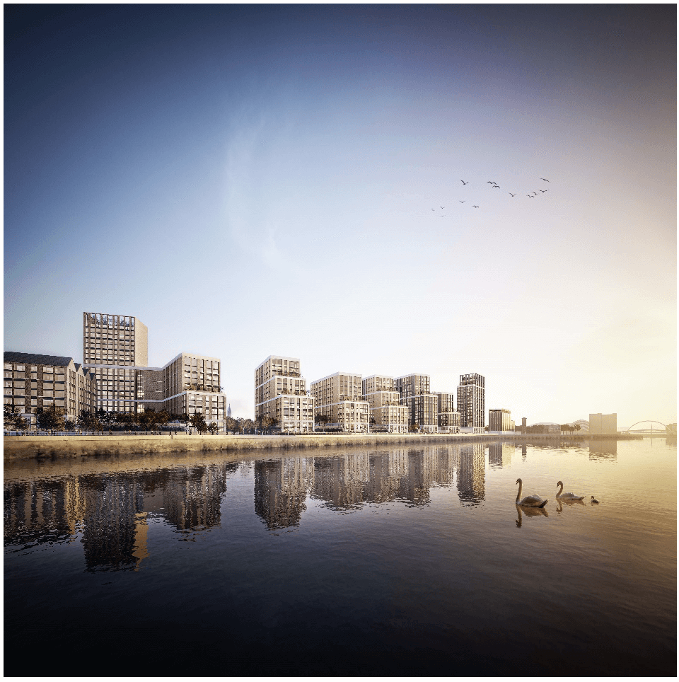 CGI image of a body of water with buildings in the background