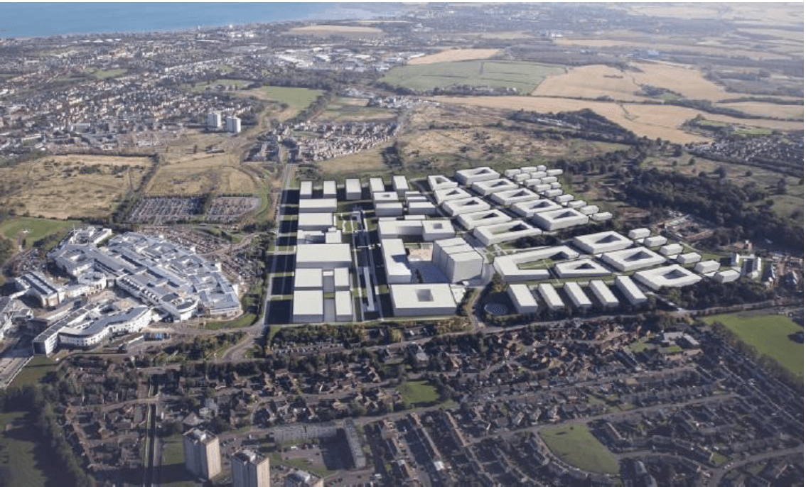 An aerial view of the Edinburgh Bioquarter site with existing buildings and computer generated planned development buildings.