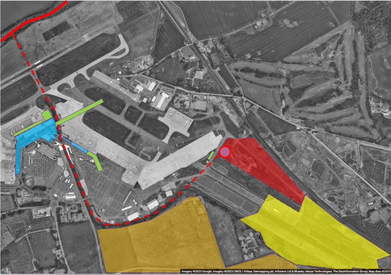 Aerial view of Edinburgh Airport with different coloured shapes marking the locations of potential sources of heat for the heat network.