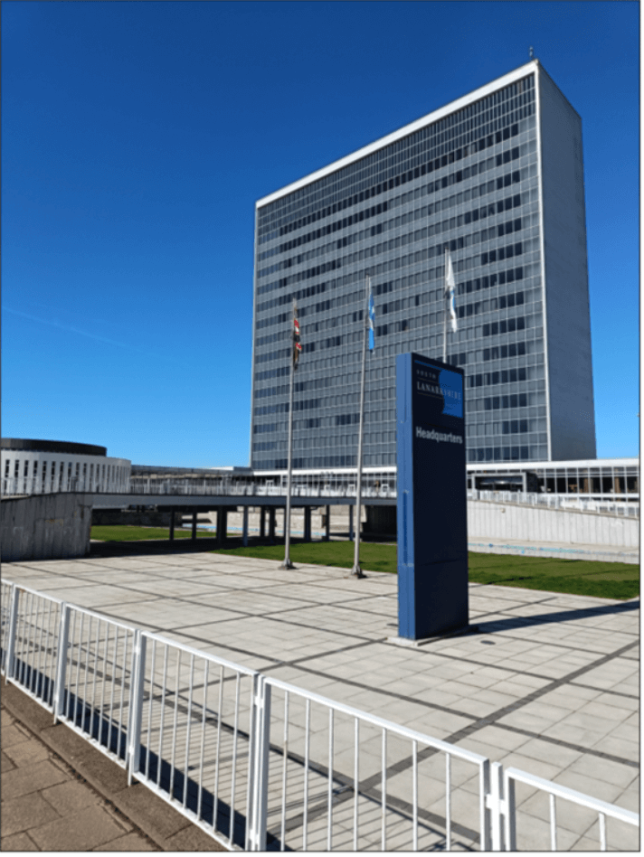 South Lanarkshire Council building with flags in front of it