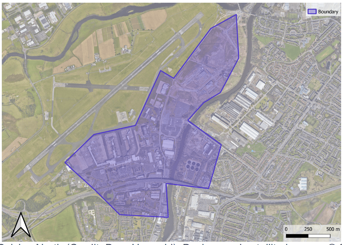 Aerial map image with outline of potential heat network scale of Paisley North.